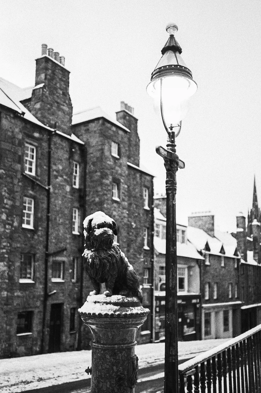 greyfriars bobby under a lit lamp in falling snow, edinburgh