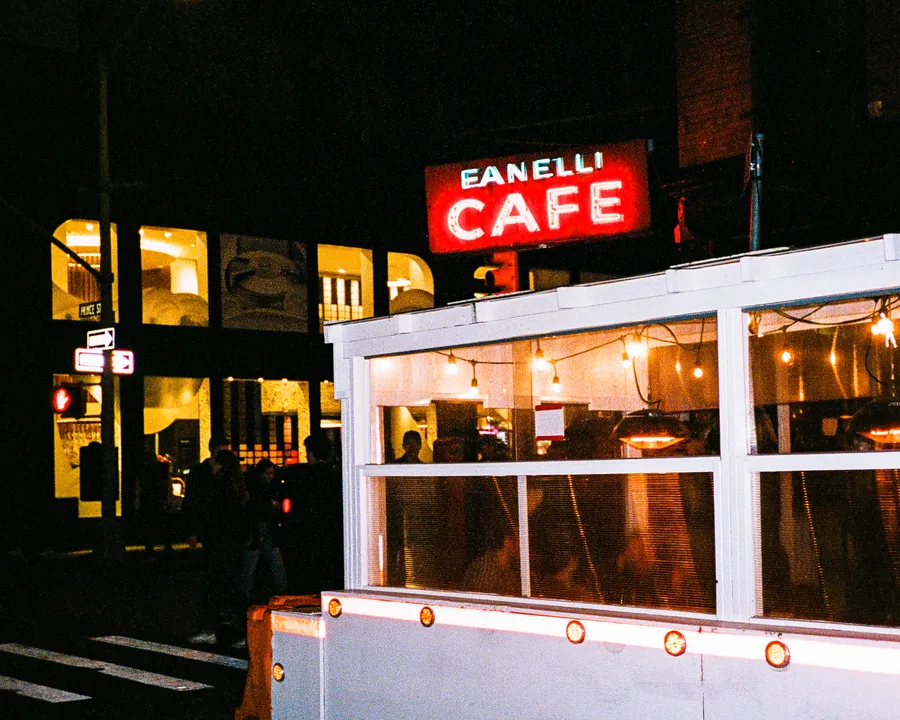 the red neon sign of fanelli cafe glowing at night, soho, new york